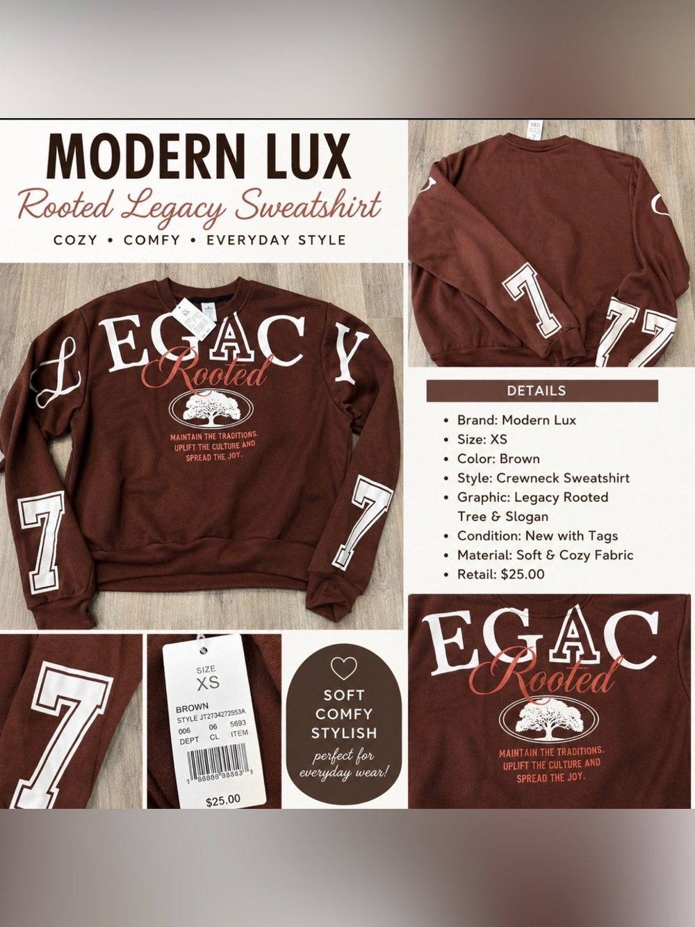 Modern Lux Rooted Legacy Graphic Crewneck Sweatshirt Brown XS NWT